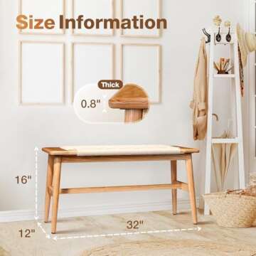 Vadisun 100% Solid Oak Farmhouse Entryway Bench, Wooden Bench Indoor with Hand Woven Rope Surface Design, Wood Bench for End of Bed with Solid Structure(Natural, 31.49" Wx11.81 Dx15.98 H)