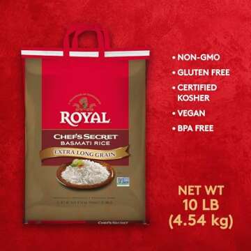 Royal Chef's Secret Basmati White Rice - Premium Extra Long Grain Basmati Rice - 10 lb Bag