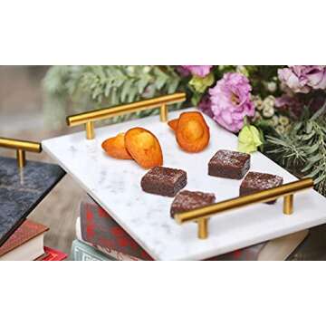 Star Dust x White Mist Natural Marble Vanity Tray with Gold Handles/Accents, Decorative Tray for Perfume Accessories, Countertop Decor for Bathroom & Kitchen; Pastry, Tapas & Dessert Serving Trays