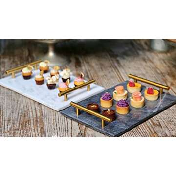 Star Dust x White Mist Natural Marble Vanity Tray with Gold Handles/Accents, Decorative Tray for Perfume Accessories, Countertop Decor for Bathroom & Kitchen; Pastry, Tapas & Dessert Serving Trays