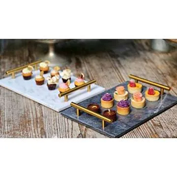 Star Dust x White Mist Natural Marble Vanity Tray with Gold Handles/Accents, Decorative Tray for Perfume Accessories, Countertop Decor for Bathroom & Kitchen; Pastry, Tapas & Dessert Serving Trays