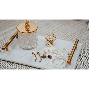 Star Dust x White Mist Natural Marble Vanity Tray with Gold Handles/Accents, Decorative Tray for Perfume Accessories, Countertop Decor for Bathroom & Kitchen; Pastry, Tapas & Dessert Serving Trays