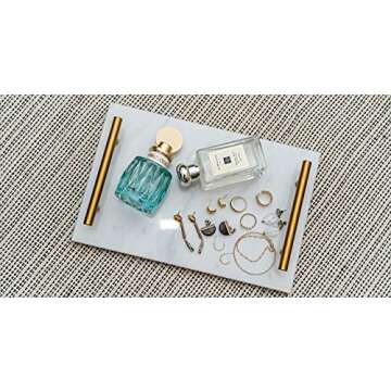 Star Dust x White Mist Natural Marble Vanity Tray with Gold Handles/Accents, Decorative Tray for Perfume Accessories, Countertop Decor for Bathroom & Kitchen; Pastry, Tapas & Dessert Serving Trays