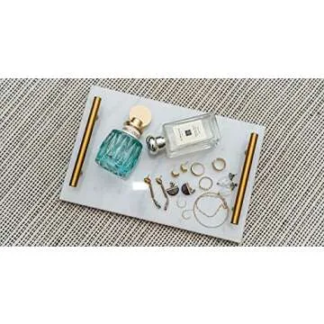 Star Dust x White Mist Natural Marble Vanity Tray with Gold Handles/Accents, Decorative Tray for Perfume Accessories, Countertop Decor for Bathroom & Kitchen; Pastry, Tapas & Dessert Serving Trays