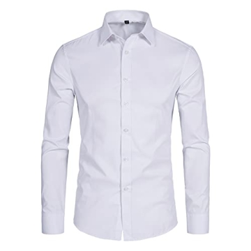 DELCARINO Men's Long Sleeve Button Up Shirts Solid Slim Fit Casual Business Formal Dress Shirt White...