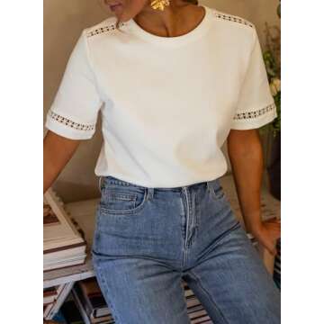 BLENCOT Blouses for Women Dressy Casual Short Sleeve Eyelet Crochet T Shirts Crewneck Short Sleeve S...