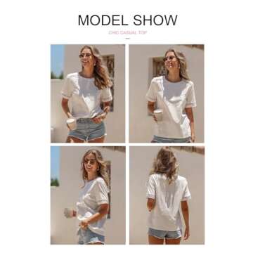 BLENCOT Blouses for Women Dressy Casual Short Sleeve Eyelet Crochet T Shirts Crewneck Short Sleeve Summer Tops Comfy Fitted Shirts Basic Office Tee White X-Large