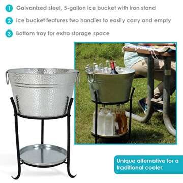 Sunnydaze Ice Bucket Drink Cooler with Stand and Tray, Pebbled Galvanized Steel, Holds Beer, Wine, Champagne and More