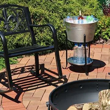 Sunnydaze Ice Bucket Drink Cooler with Stand and Tray, Pebbled Galvanized Steel, Holds Beer, Wine, Champagne and More