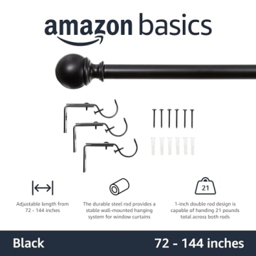 Amazon Basics Adjustable Curtain Rod with Round Finials