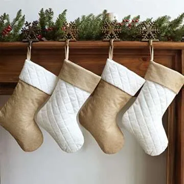 Ivenf Christmas Stockings, 4 Pcs 18 inches Burlap Cotton Quilted Thick Luxury Stockings, for Family Holiday Xmas Party Decorations