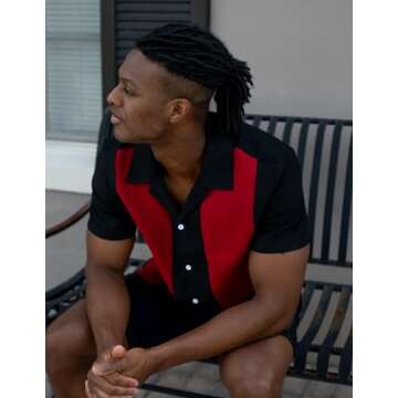COOFANDY Men's Vintage Bowling Shirt Short Sleeve Button Down Summer Cuba Beach Shirts Black Red