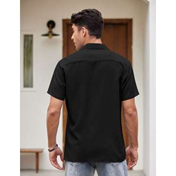 COOFANDY Men's Vintage Bowling Shirt Short Sleeve Button Down Summer Cuba Beach Shirts Black Red
