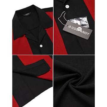 COOFANDY Men's Vintage Bowling Shirt Short Sleeve Button Down Summer Cuba Beach Shirts Black Red
