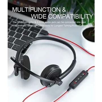 HROEENOI USB Headset, Noise Cancelling Headphones with Microphone, PC Headset Wired for Computer/Mac/Laptop, with USB+3.5mm Jack, in-line Controls for Office Home Business
