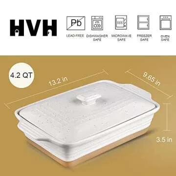 HVH Ceramic Casserole Dish with Lid Oven Safe, 9x13 Casserole Dish, Covered Rectangular Casserole Dish Set, 3.5 Quart Large Casserole Dish, Baking Dishes for Casseroles, Farmhouse Style (White)