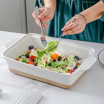 HVH Ceramic Casserole Dish with Lid Oven Safe, 9x13 Casserole Dish, Covered Rectangular Casserole Dish Set, 3.5 Quart Large Casserole Dish, Baking Dishes for Casseroles, Farmhouse Style (White)