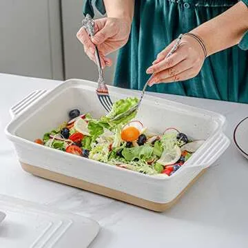 HVH Ceramic Casserole Dish with Lid Oven Safe, 9x13 Casserole Dish, Covered Rectangular Casserole Dish Set, 3.5 Quart Large Casserole Dish, Baking Dishes for Casseroles, Farmhouse Style (White)