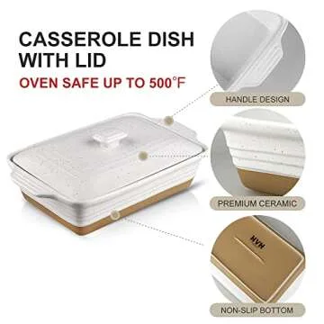 HVH Ceramic Casserole Dish with Lid Oven Safe, 9x13 Casserole Dish, Covered Rectangular Casserole Dish Set, 3.5 Quart Large Casserole Dish, Baking Dishes for Casseroles, Farmhouse Style (White)
