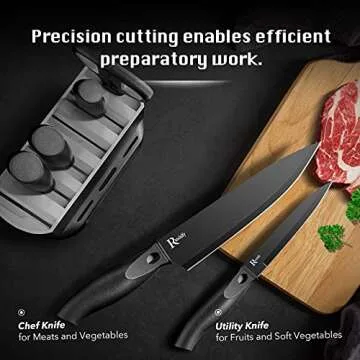 Randalfy Kitchen Knife Set with Block, 7 Pieces Chef Knives, Scissor, for Meat/Vegetables/Fruits Chopping, Slicing, Dicing&Cutting