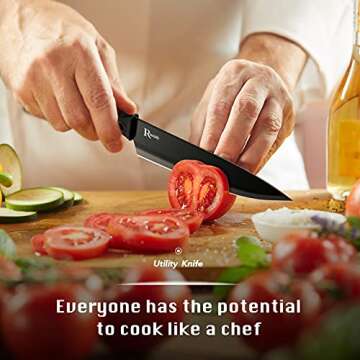 Randalfy Kitchen Knife Set with Block, 7 Pieces Chef Knives, Scissor, for Meat/Vegetables/Fruits Chopping, Slicing, Dicing&Cutting