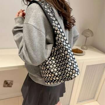 Women's Studded Shoulder Bag Y2k 90s Punk Underarm Purse Soft PU Leather Hobo Handbag Black