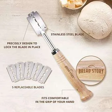Bread Story Danish Whisk Dough Lame Slashing Tool And Wooden Scraper Tool Used for Pastry Baking Sourdough Starter Kit Set of 3