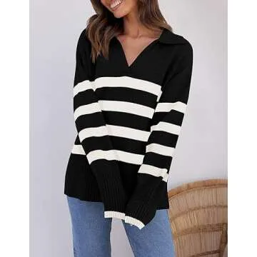 ZESICA Women's Winter Sweaters Lapel V Neck Long Sleeve Striped Chunky Knit Oversized Pullover Sweater Jumper Tops,Black,Small