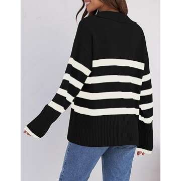 ZESICA Women's Winter Sweaters Lapel V Neck Long Sleeve Striped Chunky Knit Oversized Pullover Sweater Jumper Tops,Black,Small