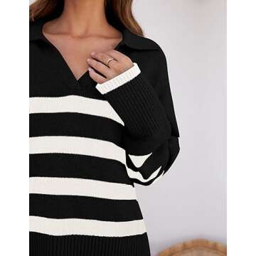 ZESICA Women's Winter Sweaters Lapel V Neck Long Sleeve Striped Chunky Knit Oversized Pullover Sweater Jumper Tops,Black,Small