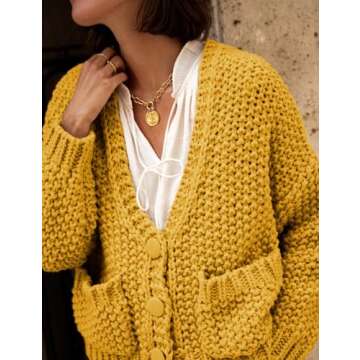 PUWEI Women's Chunky Knit Cardigans Casual Open Front Cable Crochet Long Sleeve Sweater Button Loose Cropped Outwear Coats with Pockets (Yellow-S)
