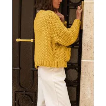 PUWEI Women's Chunky Knit Cardigans Casual Open Front Cable Crochet Long Sleeve Sweater Button Loose Cropped Outwear Coats with Pockets (Yellow-S)