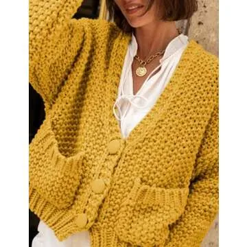 PUWEI Women's Chunky Knit Cardigans Casual Open Front Cable Crochet Long Sleeve Sweater Button Loose Cropped Outwear Coats with Pockets (Yellow-S)
