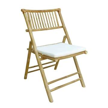 Zew Hand Crafted Foldable Bamboo Armless Outdoor Patio Chair with Curved Back and Comfotable Cushion, Set of 2 Folding Chairs, Natural