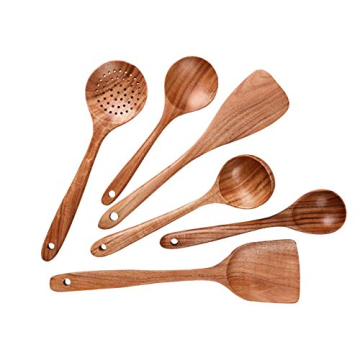 Detomato 6pcs Wooden Healthy Cooking Kitchen Utensil Set Natural Nonstick Hard Wooden Spatulas and S...