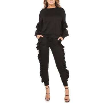 KANSOON Women 2 Pieces Outfits Puff Sleeve Top and Long Flounced Pants Sweatsuits Set Tracksuits Black X-Large