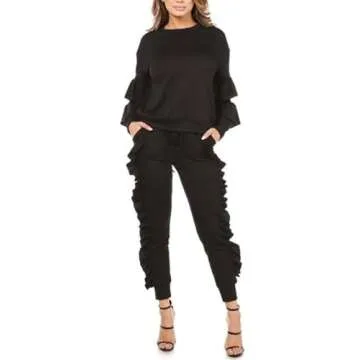 KANSOON Women 2 Pieces Outfits Puff Sleeve Top and Long Flounced Pants Sweatsuits Set Tracksuits Black X-Large