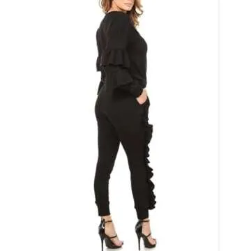 KANSOON Women 2 Pieces Outfits Puff Sleeve Top and Long Flounced Pants Sweatsuits Set Tracksuits Black X-Large