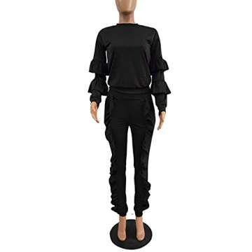 KANSOON Women 2 Pieces Outfits Puff Sleeve Top and Long Flounced Pants Sweatsuits Set Tracksuits Black X-Large