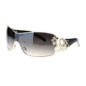 Womens Coy Metal Jewel Designer Fashion Shield Warp Sunglasses Black Gold