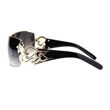 Womens Coy Metal Jewel Designer Fashion Shield Warp Sunglasses Black Gold