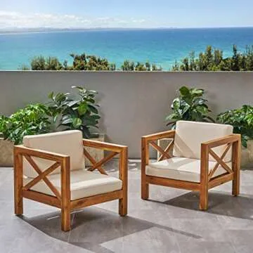 Outdoor Acacia Wood Club Chairs with Cushions Set of 2