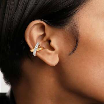 LADYGD Ear Cuff Earrings for Women 14K Gold Plated Cubic Zirconia Sparkling Cross Lines Huggie Ear C...