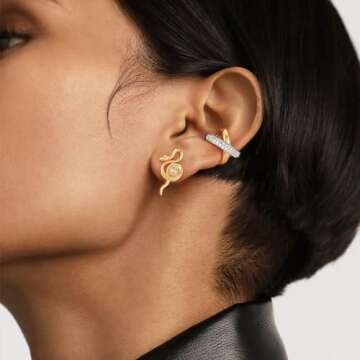 LADYGD Ear Cuff Earrings for Women 14K Gold Plated Cubic Zirconia Sparkling Cross Lines Huggie Ear Cuffs Non Piercing | Clip On Cartilage | Single