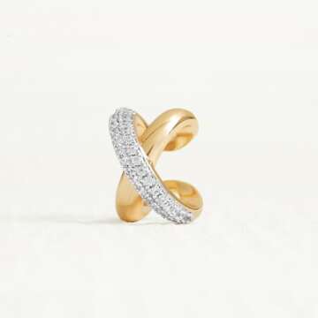 LADYGD Ear Cuff Earrings for Women 14K Gold Plated Cubic Zirconia Sparkling Cross Lines Huggie Ear Cuffs Non Piercing | Clip On Cartilage | Single