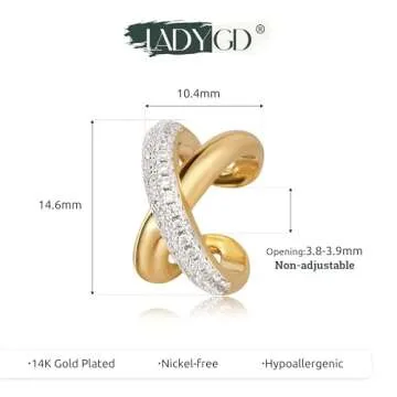 LADYGD Ear Cuff Earrings for Women 14K Gold Plated Cubic Zirconia Sparkling Cross Lines Huggie Ear Cuffs Non Piercing | Clip On Cartilage | Single