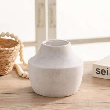 Mitt&Ditt Ceramic Flower Vase, 5.3 inch White Farmhouse Rustic Vase, Handcrafted Weathered Pottery V...