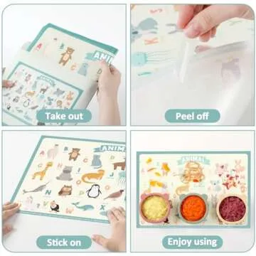 60 Pack Disposable Placemats for Baby & Toddle, Sticky Kids Placemat for Picnic Table, Party, Travel, 12" x 18" Restaurant Table Mats, Animal Alphabet Theme