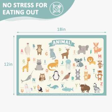 60 Pack Disposable Placemats for Baby & Toddle, Sticky Kids Placemat for Picnic Table, Party, Travel, 12" x 18" Restaurant Table Mats, Animal Alphabet Theme