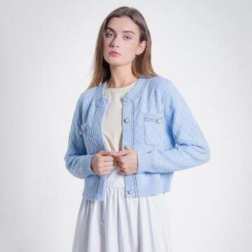 URBAN REVIVO Women's Knit Cardigan Sweaters Casual Long Sleeve Open Front Button Down Cropped Jackets Blue XX-Large